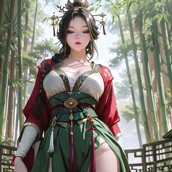 The Red-robed Goddess in a Sun-dappled Secret Garden, Lazily Turning Her Head with Golden Halos and a Coy Smile.
