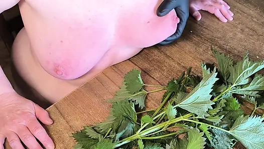 Naked tits in nettles - then hit hard