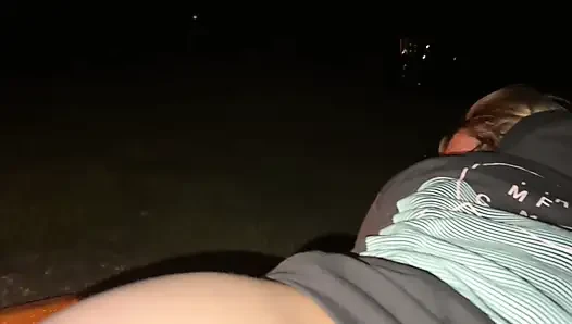 Wife caught masturbating in public restroom, then fucked by the campfire