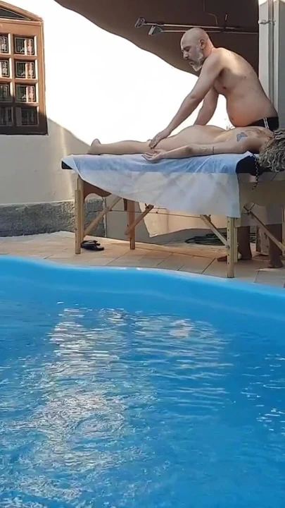 Key moment from "Massage in the pool. The therapist couldn't hold back and made her cum in his mouth."