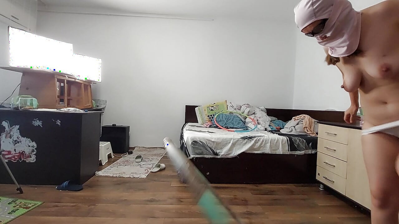Sexy wife works out at home naked. Sexy brunette tries pantyhose, hairy pussy, big ass, big tits.