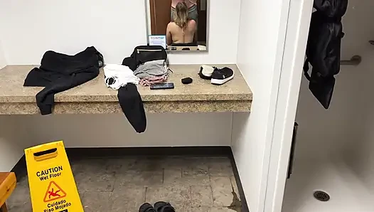 Wife caught masturbating in public restroom, then fucked by the campfire
