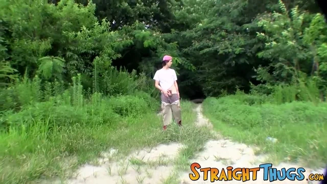 Cute straight guy Sean Johansen works on his dick in nature