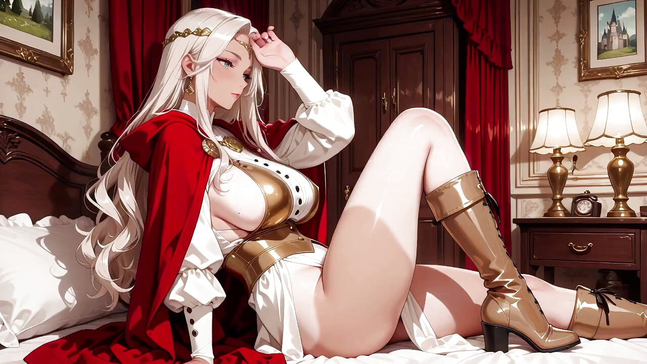 고딕 도서관, 화이트 로브, 레드 케이프의 나른한 독서, 반쯤 닫힌 눈으로 우아하게 쉬고 있는 손.