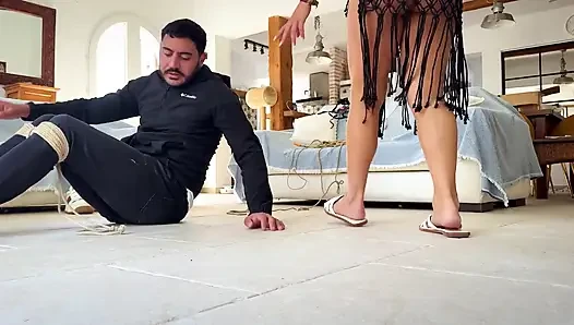 Latina Finds Every Tickling Spot on Her Sub While He Is in a Strict Hogtie