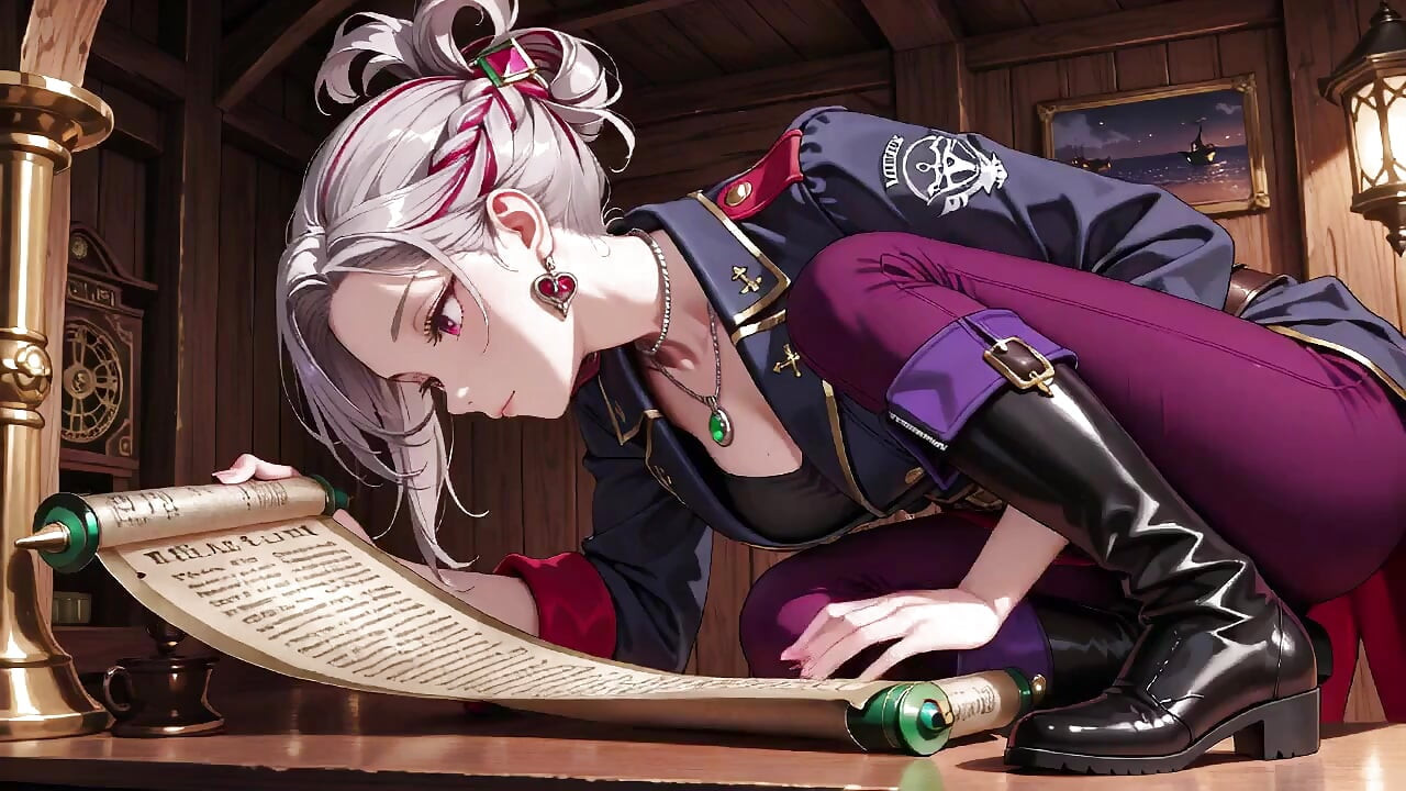 Silver-Haired Pirate Queen! Sun-drenched ship cabin, navy uniform slightly damp, kneeling with a teasing gaze.