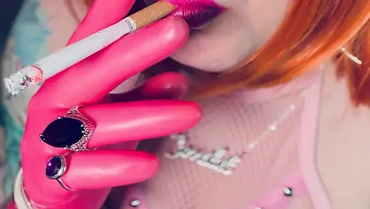 Sweet In Pink! Tina Snua Dressed In Pink Latex Gloves Smoking A Cork Cigarette - Snap Inhales Drifting Smoke OMI OME Dangles