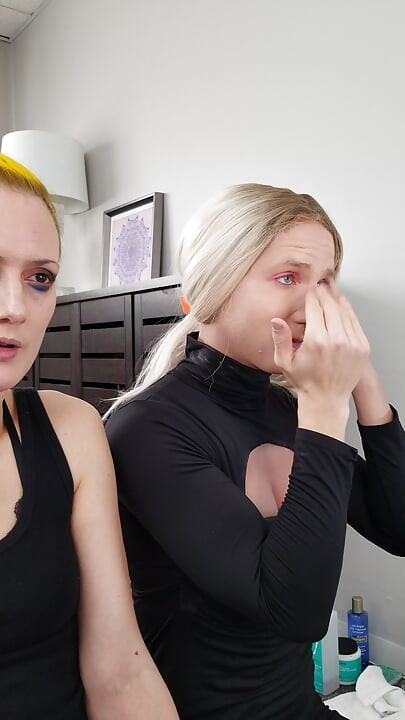 Crossdresser Bailey Wilde and Belyla Bradley Putting on Foundation and Eye Shadow