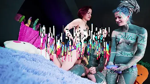 Two dominas strap-on ANAL fuck a tattooed slave