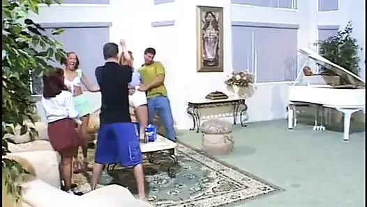 Randy cock sucking babes gets fucked by 2 guys in group sex then jizzed