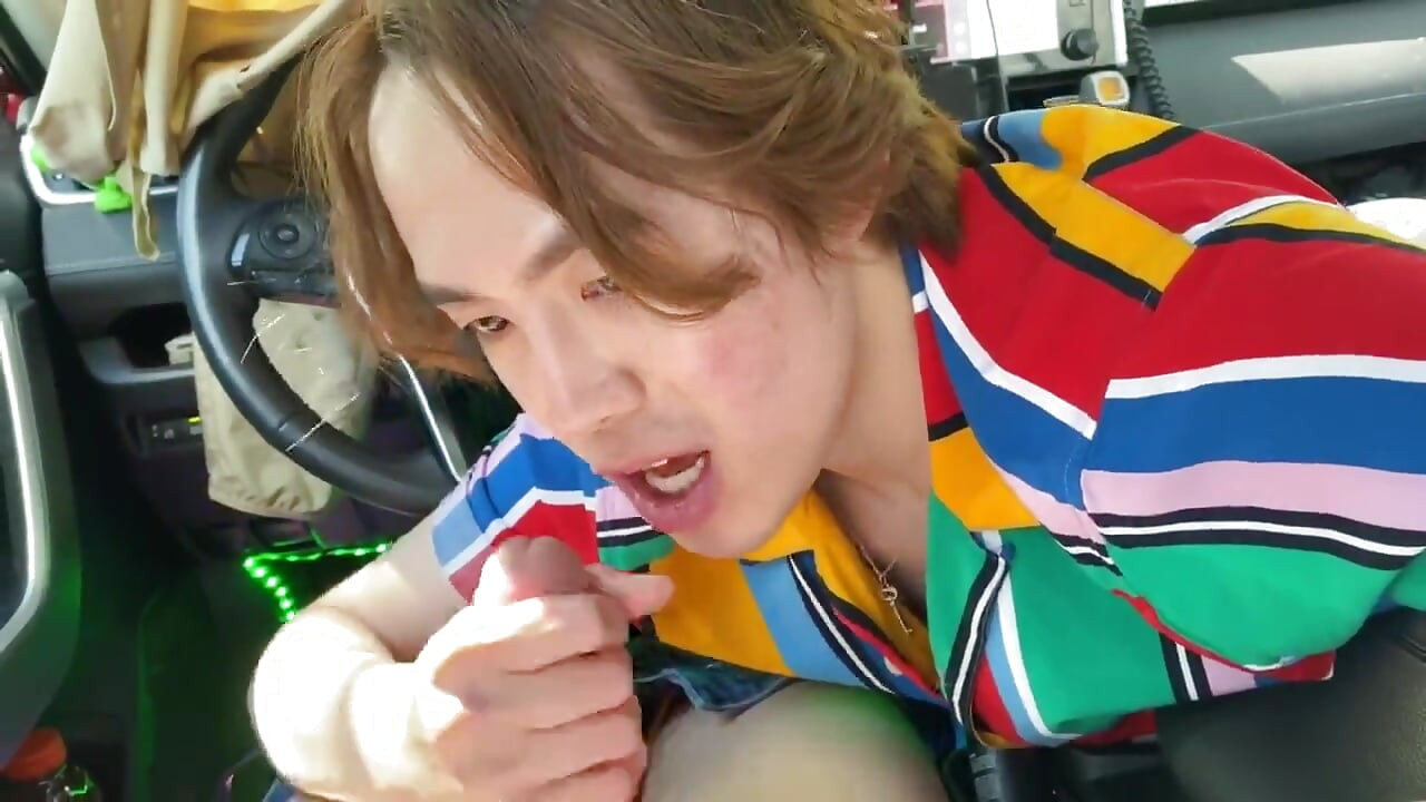 Asian Twink Sucks Big White Cock & Swallows Load in the Car