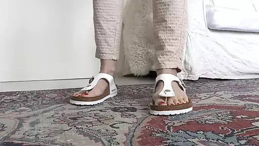 White Toe Separator Slippers and Sexy Red Toenails, Foot Fetish Lady Victoria Valente