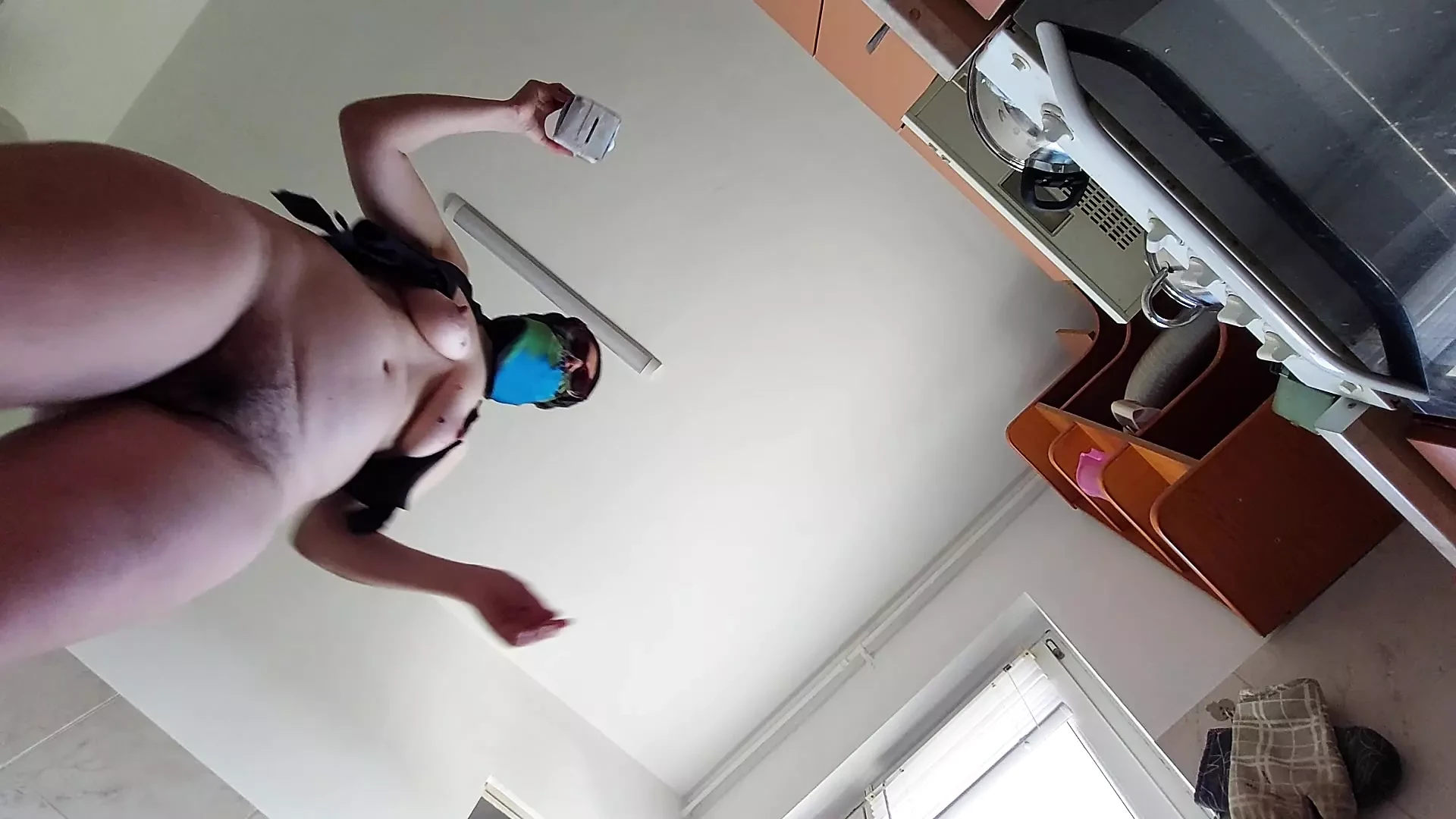 Sexy mom prepares breakfast, hairy pussy, big tits.