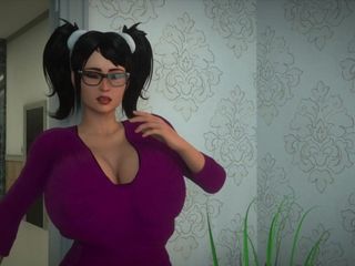 Fată 3d futanari în ochelari futând o fată sexy, animată