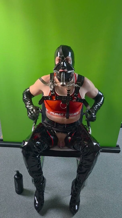 Latex Masked Slave Deepthroated in Red Stockings & Boots Plus Bell PA Piercing & Harness Fetish