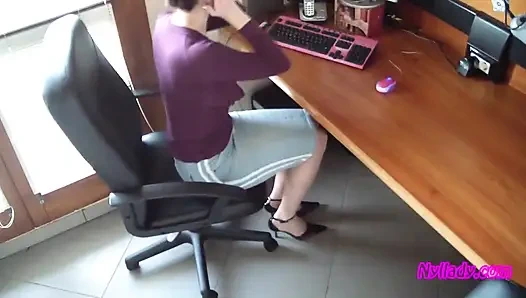 In the Office Wearing Black and Purple Pumps