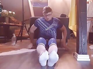 Kinkychrisx Wanking in Blue Pantyhose and White Socks