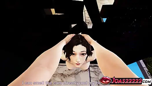 Hitomi in Bikini 3D Animation Intense Handjob for Big Dick While Sitting on Sofa, and Glory Hole Mouth Fuck Leading to Cumshot