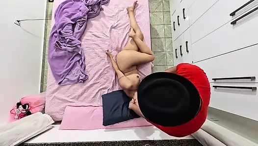 Stepfather takes off his carnival costume and ejaculates in her mouth.
