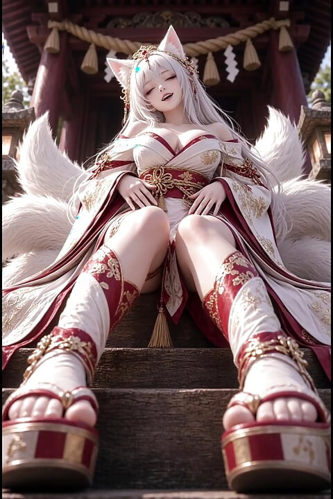 3d anime kitsune tapınak merdivenlerinde mastürbasyon yapıyor ve siklerine biniyor