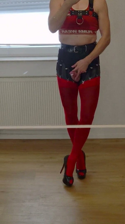 Jingle & Shake: Teasing My Bell-Pierced Cock in Red Stockings, Heels & Crop Top