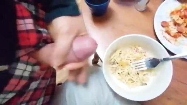 Handjob & cumshot at pasta plate and eat it