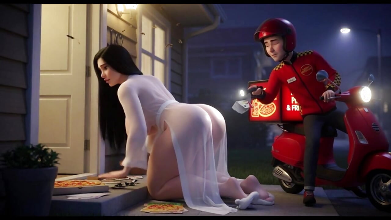 Curvy Woman In Translucent White Outfit Talks To Pizza Delivery Guy At Her Front Door At Night (AI generated)