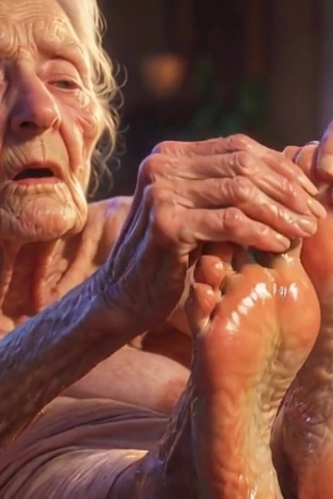 Hermosos pies grandes y arrugados aceitados - aceite goteando de los dedos de los pies masaje sensual