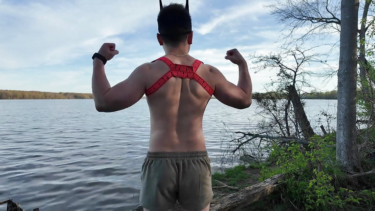 Asian Muscle God Strips Bare by the Lake - Ripped Physique on Full Display & Massive Load
