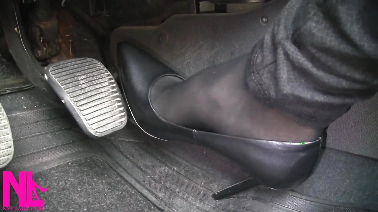 Revving and Driving in Black Pantyhose and Grey High Heels