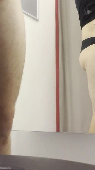 Young Boy in Thong Trying on New Pants, Sweet Ass and Popping Penis