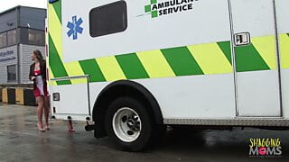 Naughty nurses having fun with two guys in the ambulance