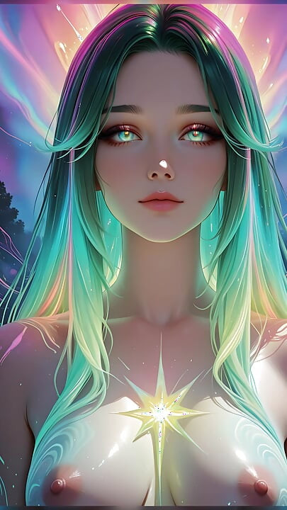 Kosmisches Neon-schönheitsbildnis mit lichtigen Augen, traumhafter fantasie, ai kunst-diashow
