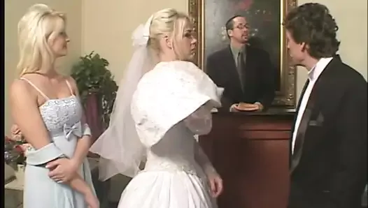 Blonde nice tits bride sucks and fucks two rock hard cocks in bed