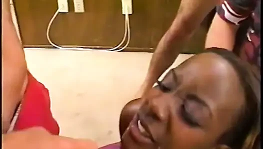 Four guys fill this black whore's pussy and asshole