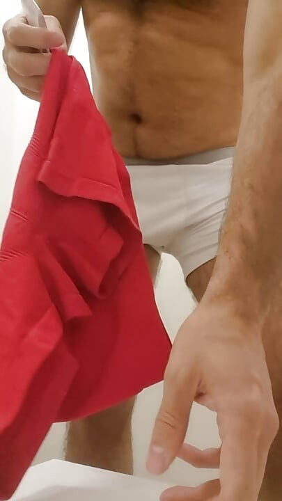 Hairy trying on clothes in the dressing room, natural bodies. Soft cock, hair and ...