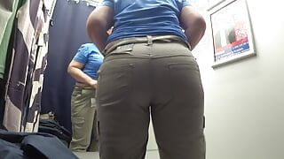 The camera in the fitting room watches a big butt in white panties. Curvy milf tries on pants. PAWG. Amateur fetish.