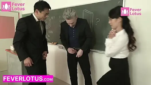 Hot Japanese College Teacher Double-Penetrated by Principal & White Director in Empty Classroom – Raw Double Creampie Lesson