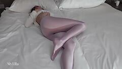 Footjob in shiny spandex leggings before going out