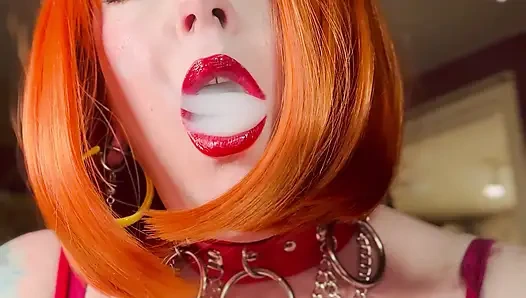 Redhead Tina In Red Leather Dress & Gloves Smoking A Cigarette With Lots Of Dangling, OMI, OME, Snap Inhales