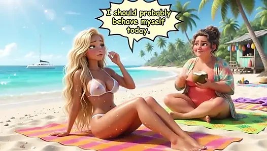 Ein verheirateter blonder Necker am Strand verwandelt sich in einen wilden Streich mit ihrem Mann und anderen (erzeugt von Ai)