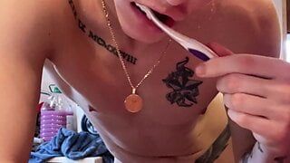Jerk off in the shower and then cum on my toothbrush and clean my teeth with cum