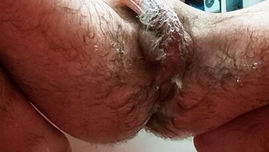 Hairy soapy uncut cock fingering and precum