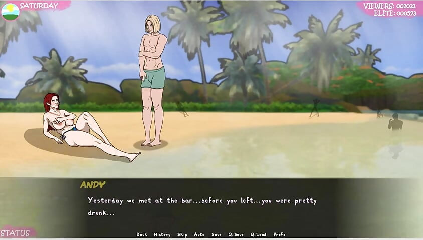 Lust town - lt - spel - rollspel - nakenhet på stranden - saggy breast topless med stora bröstvårtor - retas främling på stranden