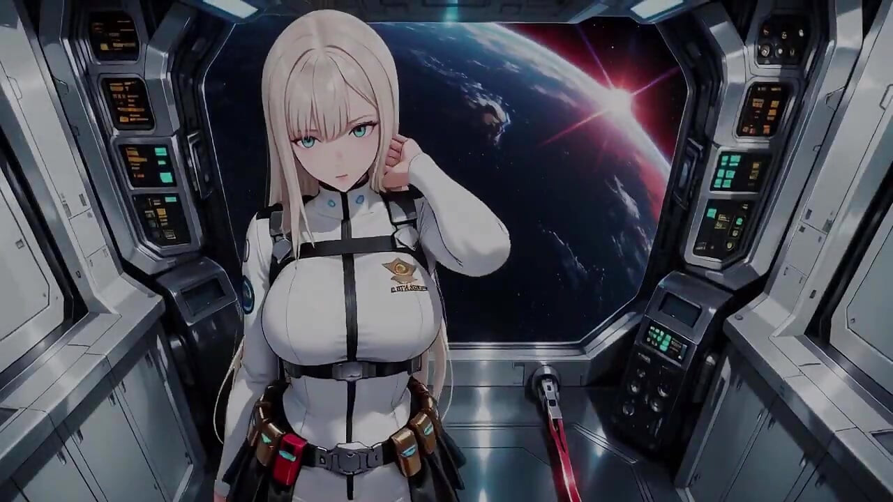 Moments privés à l’intérieur d’un vaisseau spatial futuriste où son uniforme blanc est étiré à la perfection