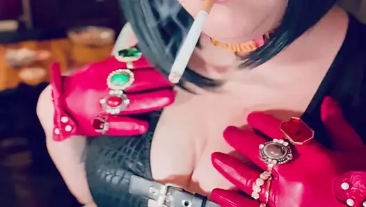 Red Leather Gloves & Rings! Smoking Tart Tina Snua Smokes A Cigarette & Shows Off Her Gloves - Smoker