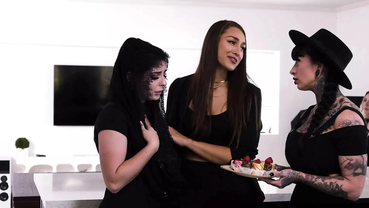 ADULT TIME - Kira Noir Uses Bella Rolland For FREE USE SEX At Roommate's PUBLIC Wake! FULL SCENE