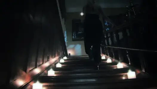 Busty babe fucked on the stairs by her friend's boyfriend.