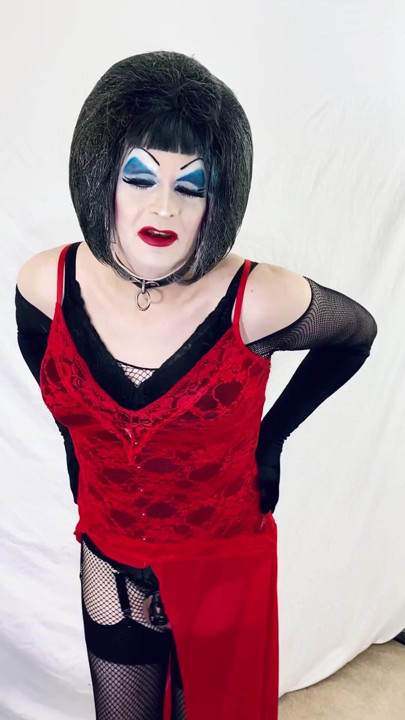 Heavy makeup drag slut strips to lingerie | Clip 1