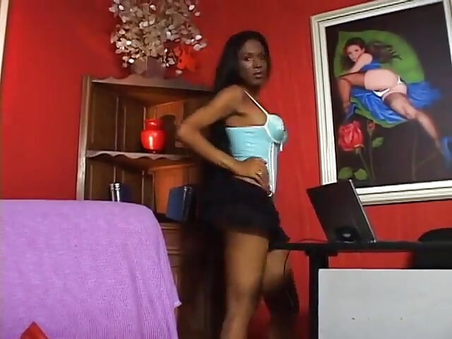 Dark skin ladyboy with amazing tits gets anal and cumload finale